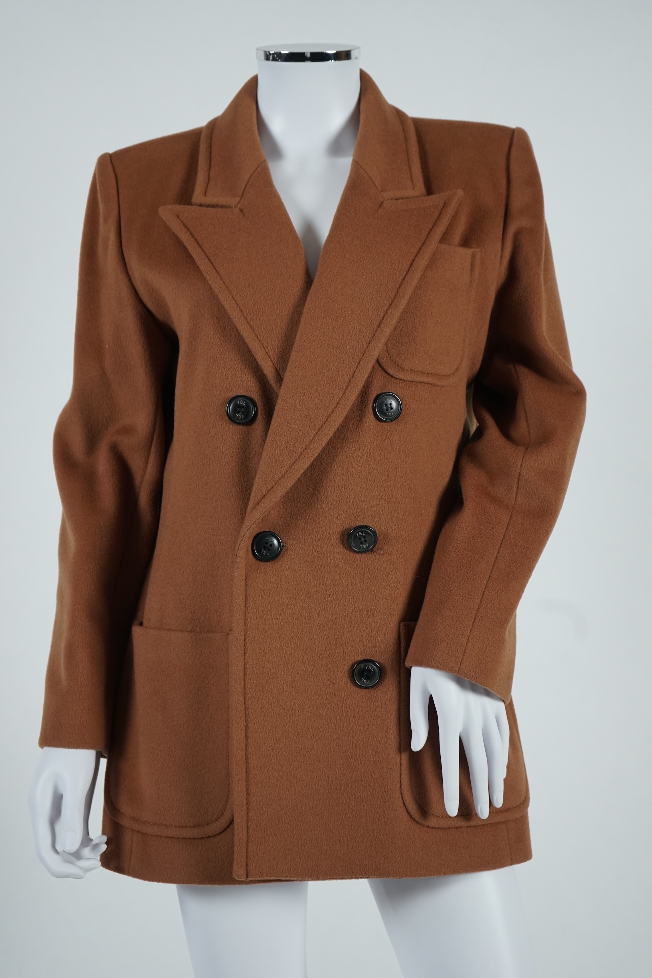 A vintage Yves Saint Laurent variation lady's dark tan double breasted coat, F 40 (UK 12). Proceeds to Happy Paws Puppy Rescue